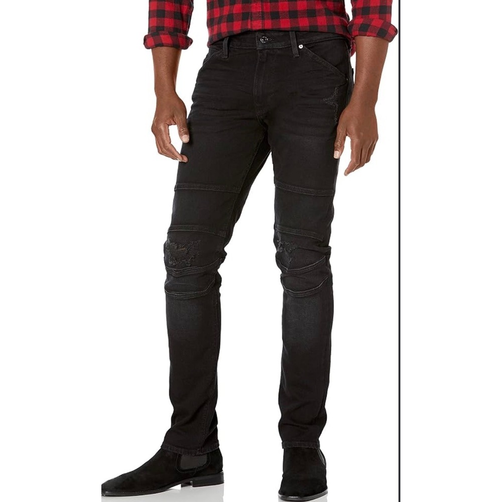 GUESS Los Angeles Mens 34x32 Slim Tapered Moto Distressed Ripped Black Jeans